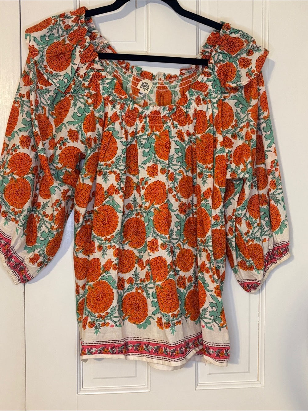 Ivy Jane Boho Floral Peasant Top in Orange and Teal M/L